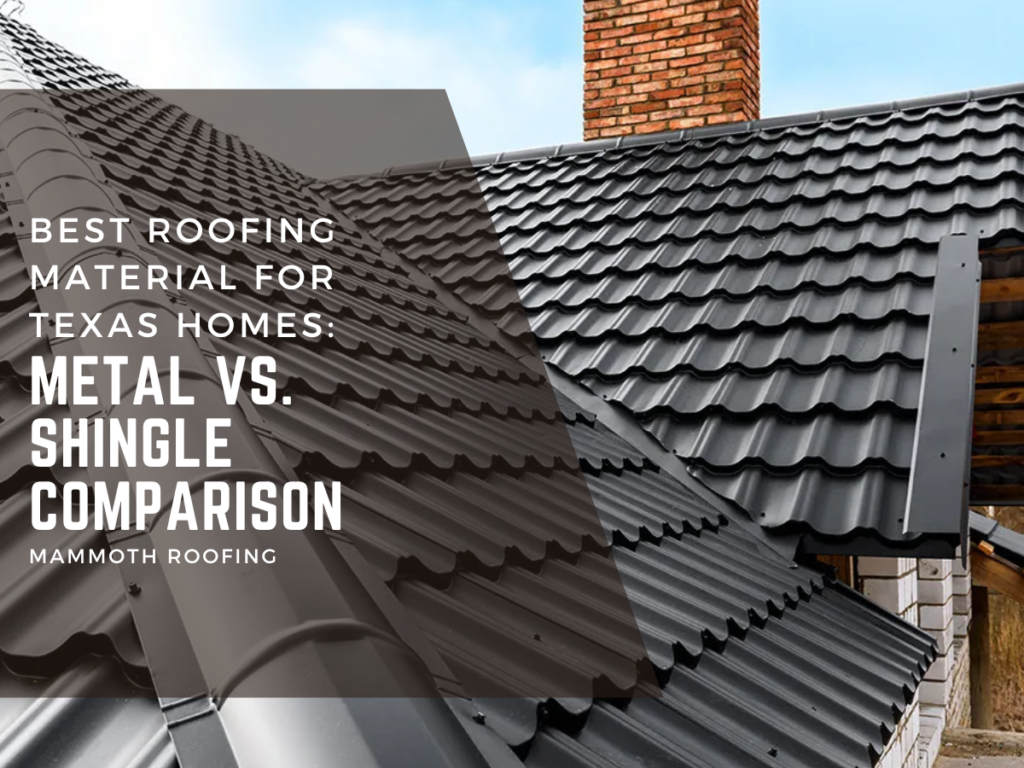 Black metal roofing with a chimney, illustrating a comparison of metal vs. shingle roofing for Texas homes by Mammoth Roofing.