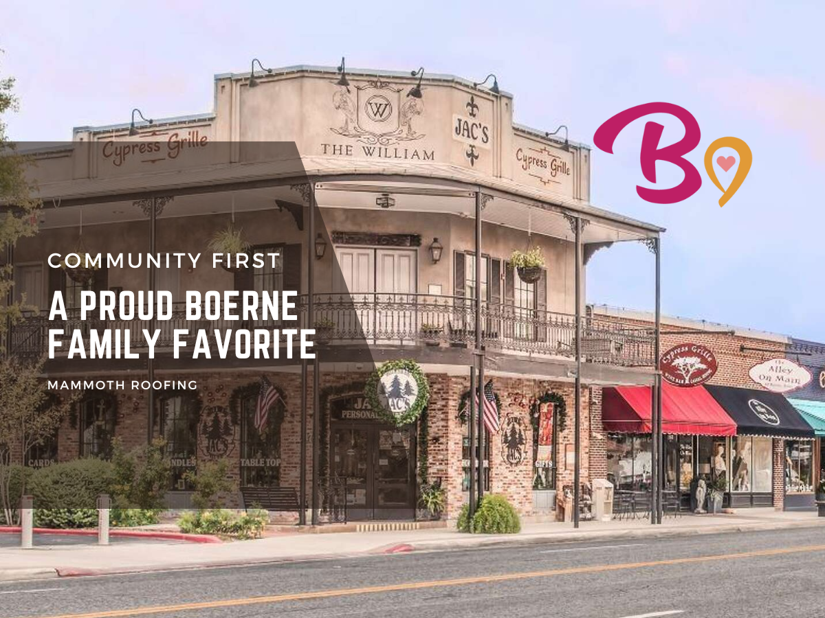 Historic downtown Boerne, Texas, featuring charming storefronts and the iconic Cypress Grille, with Mammoth Roofing & Solar proudly recognized as a Boerne Family Favorite.