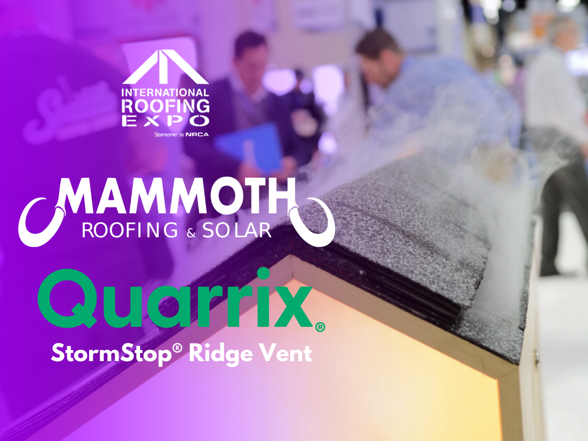 StormStop Ridge Vent by Quarrix showcased at the International Roofing Expo by Mammoth Roofing & Solar, demonstrating superior attic ventilation and weather protection.