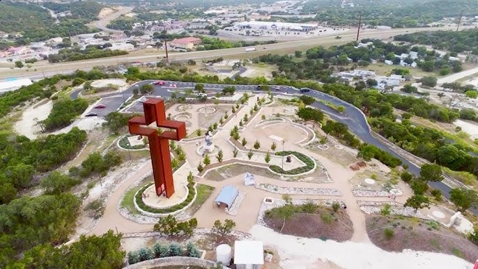 Aerial view of the giant cross at The Coming King Sculpture Prayer Garden in Kerrville, Texas